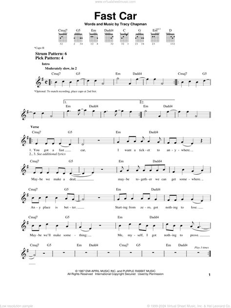 Fast Car sheet music (easy) for guitar solo (chords) (PDF)