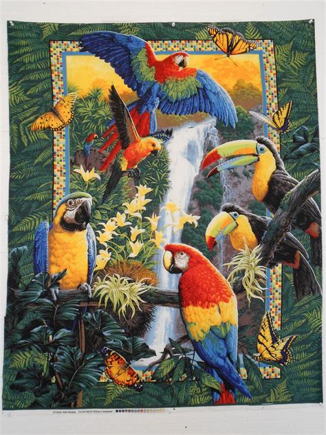 Fabric Cotton Panel Tropical Birds Wings of Paradise quilt craft Macaws, tropical birds and sc ...