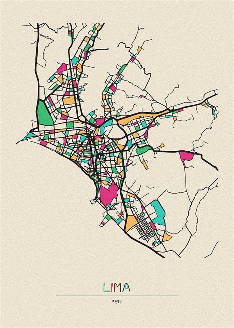 Lima, Peru City Map Drawing by Inspirowl Design - Pixels