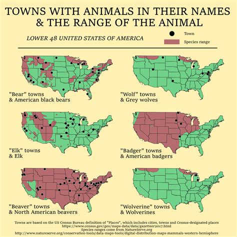 US towns with animals in their names, compared to the current range of that animal [OC] : r ...