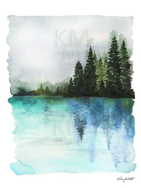 Misty Waters Blue Watercolor Painting Forest Print Nature - Etsy | Watercolor landscape ...