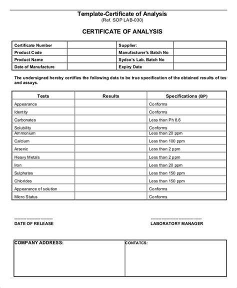 7+ Certificate of Analysis Template - Word , Google docs , Apple pages