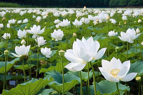 Many White Lotuses Are Blooming In Field Background, High Resolution, Flower, No People ...