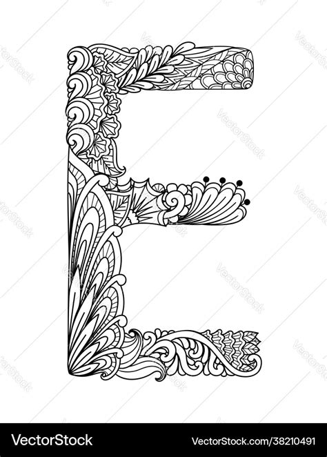 Mandala letter e monogram adult coloring book Vector Image