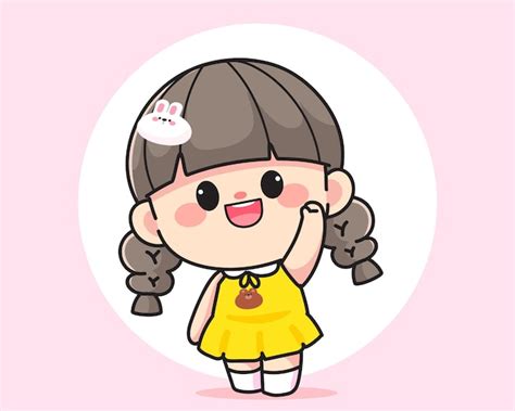 Free Vector | Cheerful happy cute girl waving raised hand to say hello logo hand drawn cartoon ...