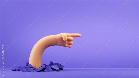 3d render, funny cartoon character elastic hand with pointing finger shows direction. Broken ...