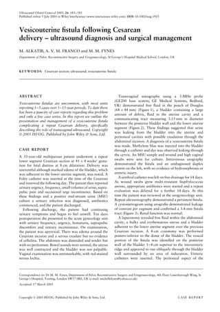 Vesicouterine Fistula Following Cesarean Delivery – Ultrasound Diagnosis and Surgical Management ...