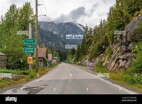 Entrance of Hyder town after the canadian american border crossing ...