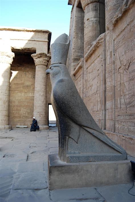 Ancient Egyptian statue of God Horus at the Temple of Edfu. Nubia ...