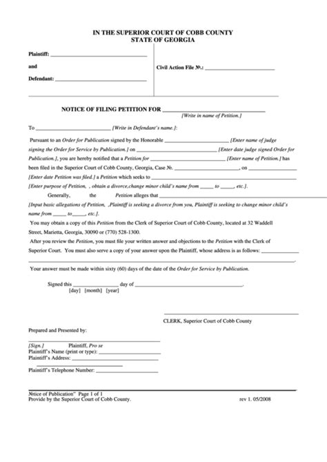 Notice Of Publication Form - Superior Court Of Cobb County printable ...