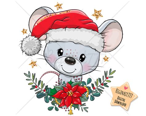 Cute Christmas Mouse PNG, Digital Download, Clipart, Adorable Graphics, Children Printables ...