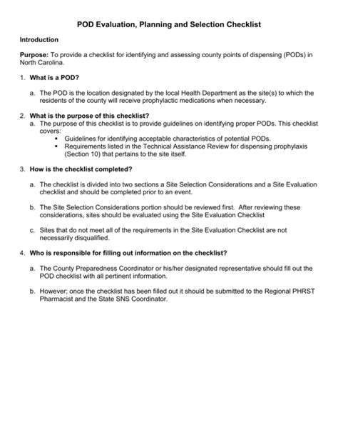 POD Evaluation, Planning and Selection Checklist