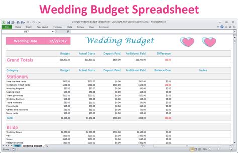 Excel Wedding Budget Planner Spreadsheet - Basic Version ...