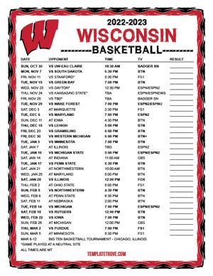 Printable 2022-2023 Wisconsin Badgers Basketball Schedule