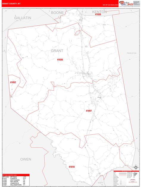 Grant County, KY Zip Code Wall Map Red Line Style by MarketMAPS