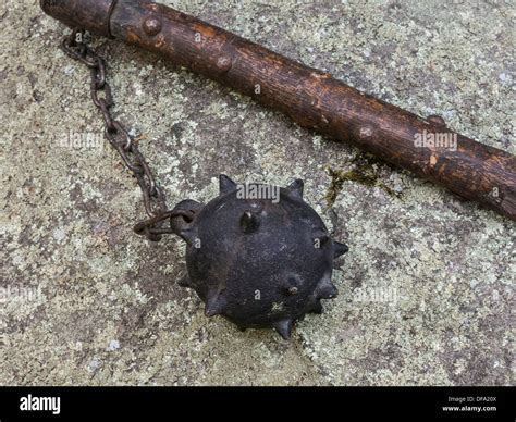 Close up of Mace Weapon's Spiked Ball, Chain and Shaft Stock Photo - Alamy