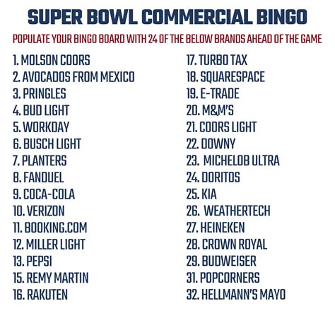 Free Printable Super Bowl 57 Commercial Bingo Cards for 2023 ...