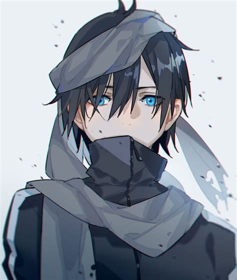 an anime character with black hair and blue eyes wearing a hoodie, standing in the snow