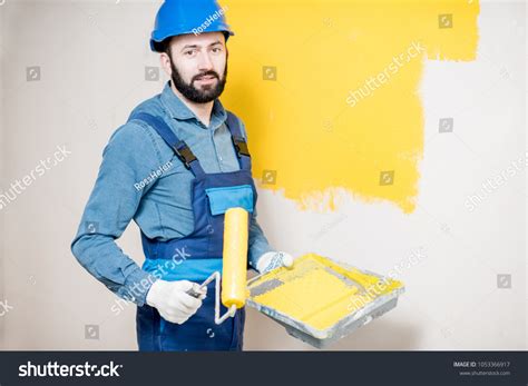 Portrait Handsome Painter Working Uniform Painting Stock Photo ...