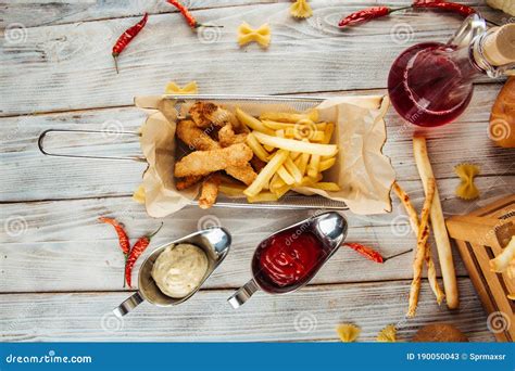 Snack French Fries and Deep-fried Chicken Sauces Stock Image - Image of ...