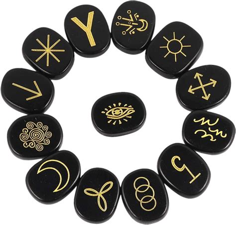 SUNYIK Natural Oval Engraved Gypsy Symbols Stone Set of 13, Healing Reiki Pocket Worry Palm ...