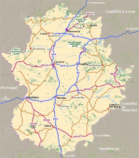 Map of Extremadura region, Spain