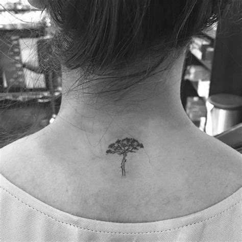 Acacia tree tattoo on the upper back/back of the neck.