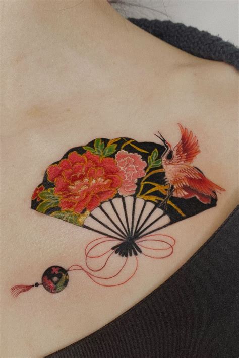 Japanese fan tattoo by Anna Zelenskaya. | Color micro realism tattoo. | Crane tattoo. | 6:19 ...