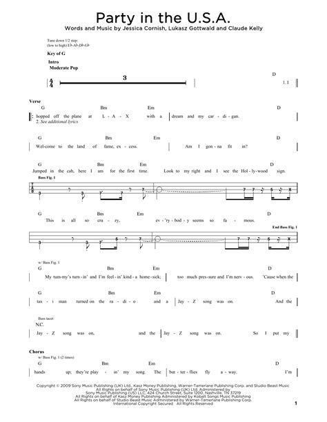 Party In The U.S.A. by Miley Cyrus Sheet Music for Easy Bass Tab at ...