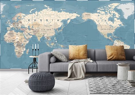 Blue World Map Wallpaper Peel and Stick Self Adhesive | Etsy