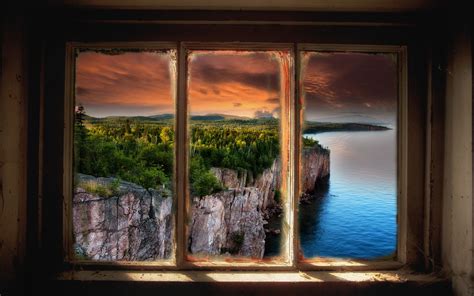 Landscape, Nature, Window, Lake, Sunset, Cliff, Clouds, Forest, Colorful wallpaper | nature and ...