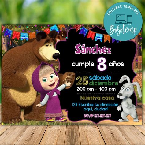 Descarga inmediata de las invitaciones de cumpleaños de Masha y el oso para imprimir | Bobotemp