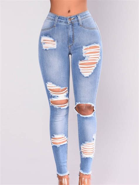 [17% OFF] 2021 Womens Distressed Ripped Stretch Denim Skinny Denim Jeans In LIGHT BLUE | DressLily