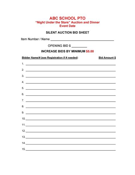 Silent Auction Sheet Template