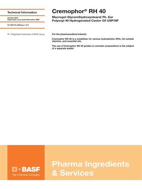 03 - 030713e - Cremophor RH 40 | PDF | Solution | Solubility