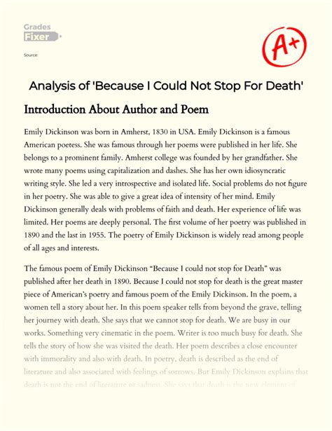 Analysis of 'Because I Could Not Stop For Death': [Essay Example], 1803 words