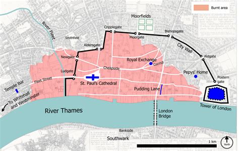 Area affected by the Great Fire of London in 1666 [2549x1612] : MapPorn