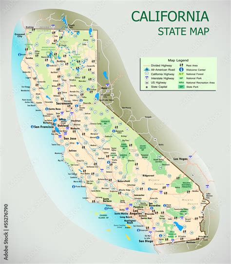 California State Map. Roads - cities - national parks - Tourist Stock ...