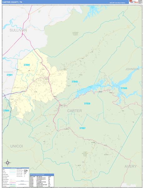 Carter County, TN Zip Code Wall Map Basic Style by MarketMAPS - MapSales