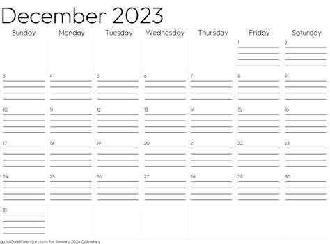 Lined December 2023 Calendar Template in Landscape