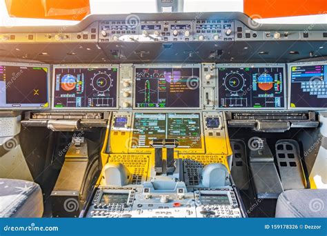 Jet Airliner Plane View Inside the Cockpit of the Engine Control Panel ...