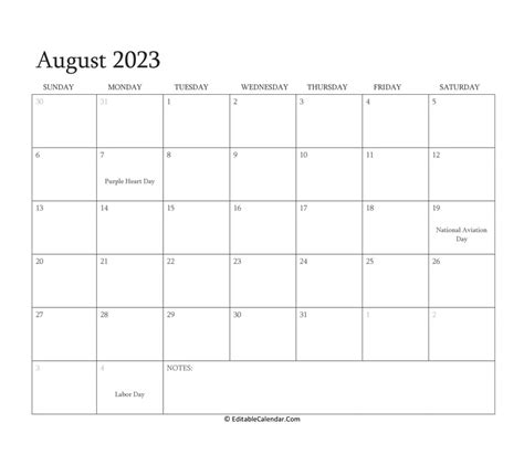 Download August 2023 Editable Calendar With Holidays (Word Version)