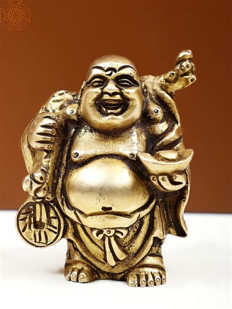 3" Small Brass Laughing Buddha with Coins and Ingot | Exotic India Art