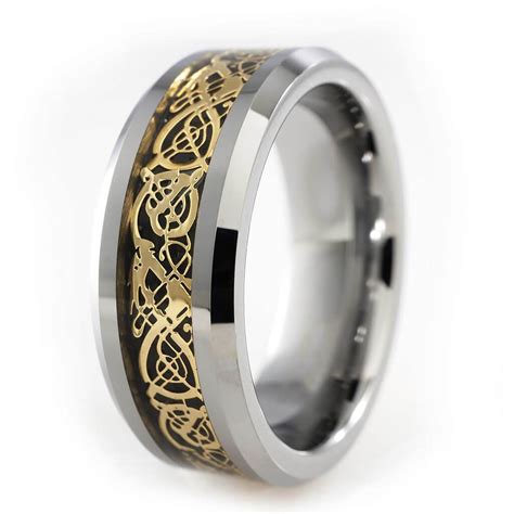 Gold Celtic Dragon Tungsten Carbide Carbon Fiber Ring – Niv's Bling