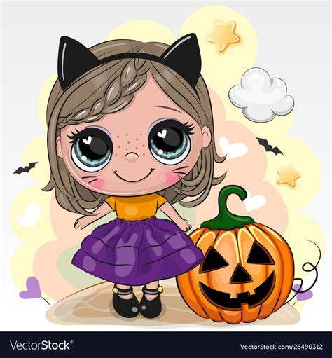 Halloween card with girl in cosume black cat on a Vector Image ...