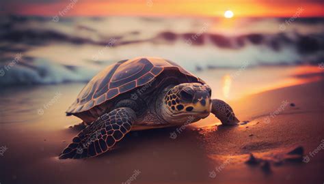 Premium Photo | A turtle on the beach at sunset