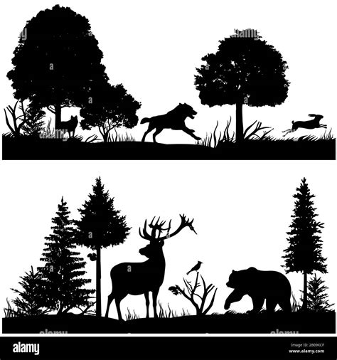 Wild animals silhouettes in green fir forest vector illustration. Silhouette of animal in nature ...