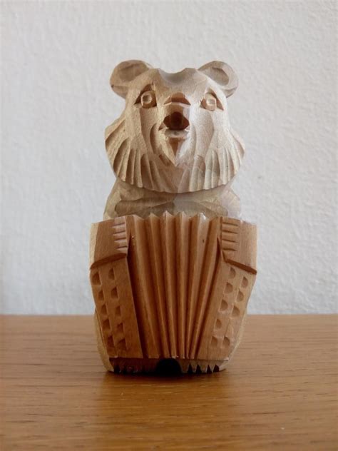 Russian Folk Art Bear with Accordion Carved Wood Bogorodskoye Style Vintage Soviet Toy | Carving ...