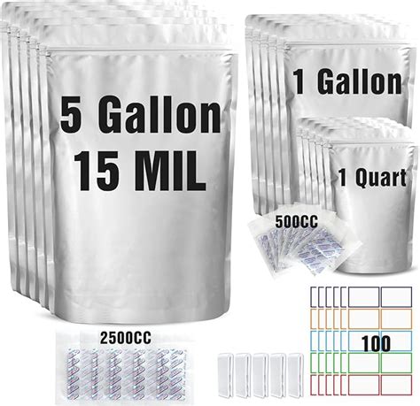 Amazon.com: 15 Mil 5 Gallon Mylar Bags for Food Storage with 2500cc Oxygen Absorbers - 55 Pack ...