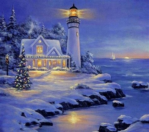 Winter Lighthouse | Christmas paintings, Lighthouse pictures, Thomas kinkade